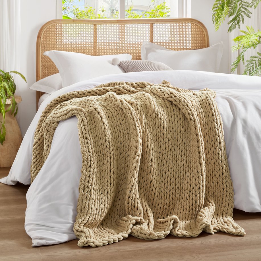 JLA Home Madison Park - Hand Made double-knit throw blanket — ultra-soft, OEKO-TEX certified, durable modern boho accent for home comfort Tan MP50-8116
