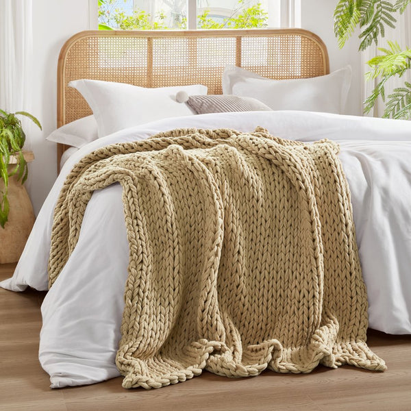 JLA Home Madison Park - Hand Made double-knit throw blanket — ultra-soft, OEKO-TEX certified, durable modern boho accent for home comfort Tan MP50-8116