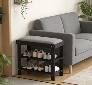 English Elm Shoe Storage Bench with Bamboo Frame and Cushioned Seat for Entryway or Mudroom T3971P430903
