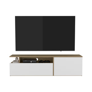 English Elm Tv Stand with Three Open Shelves for Media Storage and Decor, Slim Profile, Eco-Friendly Engineered Wood Natural Wood 68.9 L x 22.05 W x 4.33 H B097P296883