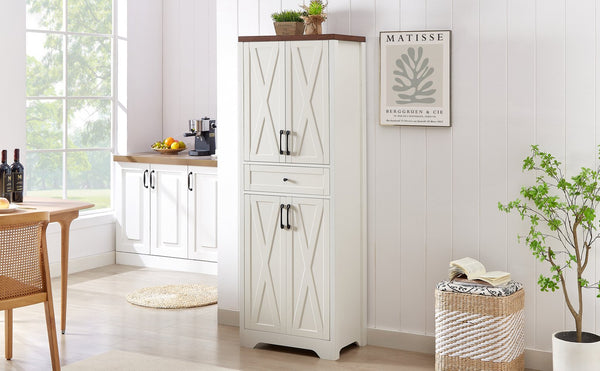 English Elm 68"high multifunctional sideboard with tempered glass accents, large-capacity storage, anti-dump safety and sleek modern design for living room, office, bedroom White+Walnut W1162P205099