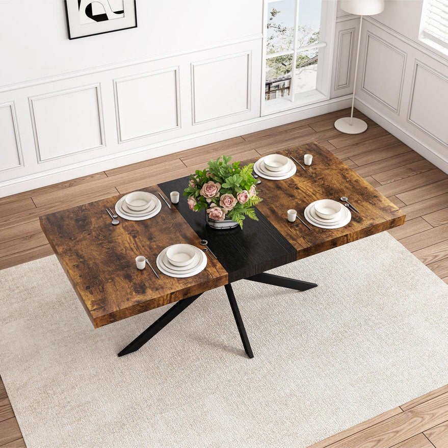 English Elm 55.11" Retro Rectangular Stretch Dining Table with Extendable Top, Antique Wood & Black Iron Base, Storage W757P147831