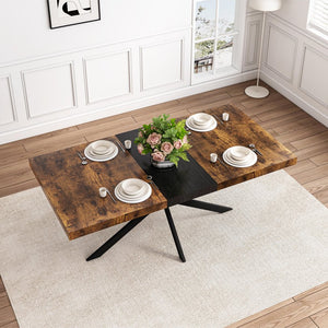 English Elm 55.11" Retro Rectangular Stretch Dining Table with Extendable Top, Antique Wood & Black Iron Base, Storage W757P147831