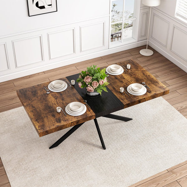 English Elm 55.11" Retro Rectangular Stretch Dining Table with Extendable Top, Antique Wood & Black Iron Base, Storage W757P147831