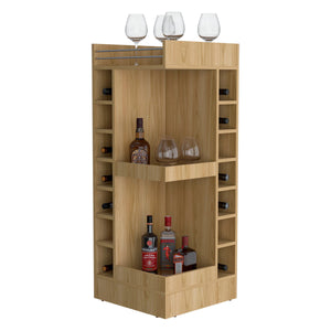 English Elm Natural Oak Tall Bar Cabinet with Built-In Wine Rack, 4 Open Shelves for Stylish Storage & Décor B062P290259