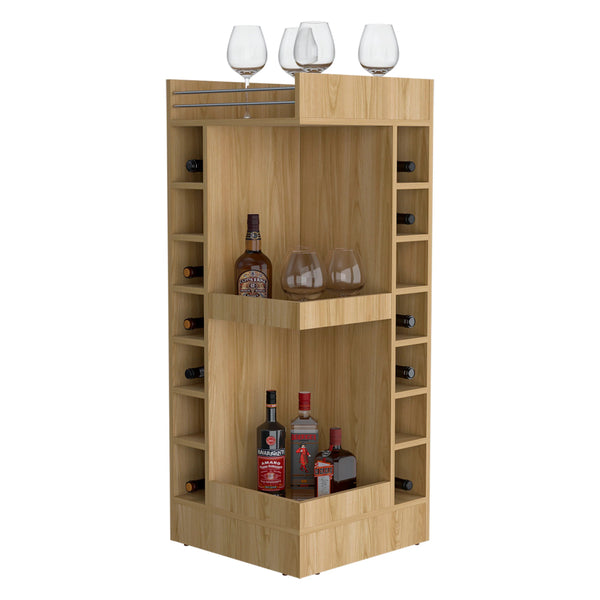 English Elm Natural Oak Tall Bar Cabinet with Built-In Wine Rack, 4 Open Shelves for Stylish Storage & Décor B062P290259