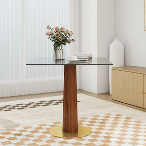English Elm Modern Square Dining Table - 33.5" Tempered Glass Top With Wooden Legs & Gold Base, Perfect For 2! W1535S00597