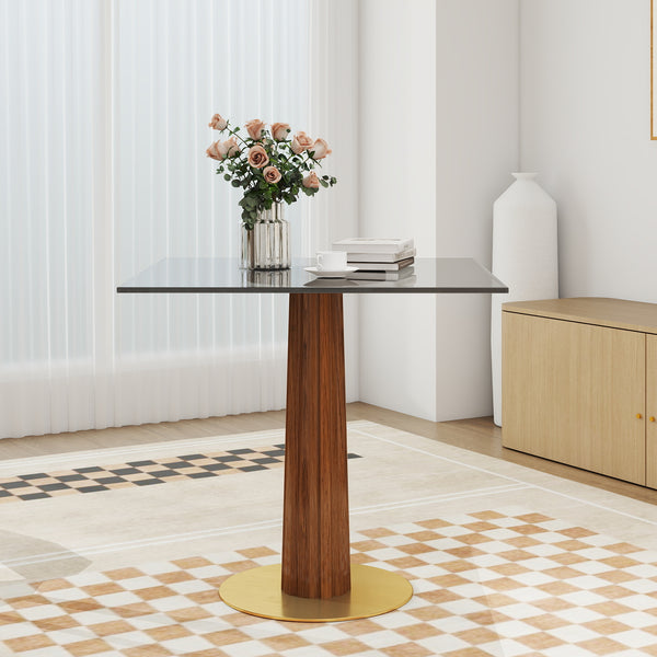 English Elm Modern Square Dining Table - 33.5" Tempered Glass Top With Wooden Legs & Gold Base, Perfect For 2! W1535S00597