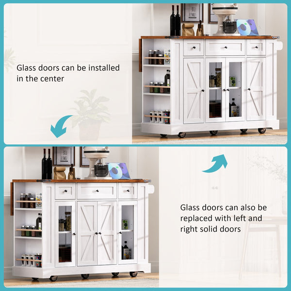English Elm K&k Farmhouse Rolling Kitchen Island with Drop Leaf Tempered Glass Drawers and Power Outlet White N707S263637W