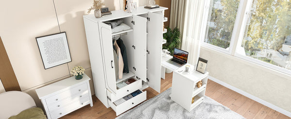 English Elm Multifunctional Wardrobe Cabinet with Fold Out Desk Hanging Rod and Storage Drawers Light White W1580S00475