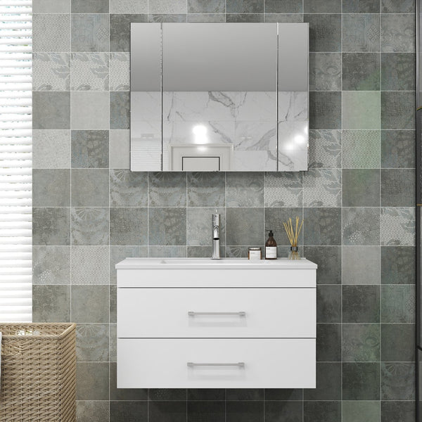 English Elm 32-Inch Wall-Mounted Bathroom Vanity With Soft-Close Drawers & Ceramic Sink For Modern Spaces W3151S00017