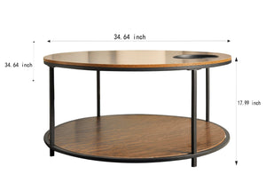 English Elm Round Coffee Table Antique Wood Finish Two Tier Open Shelf Modern Living Room Black Brown W1911P371570
