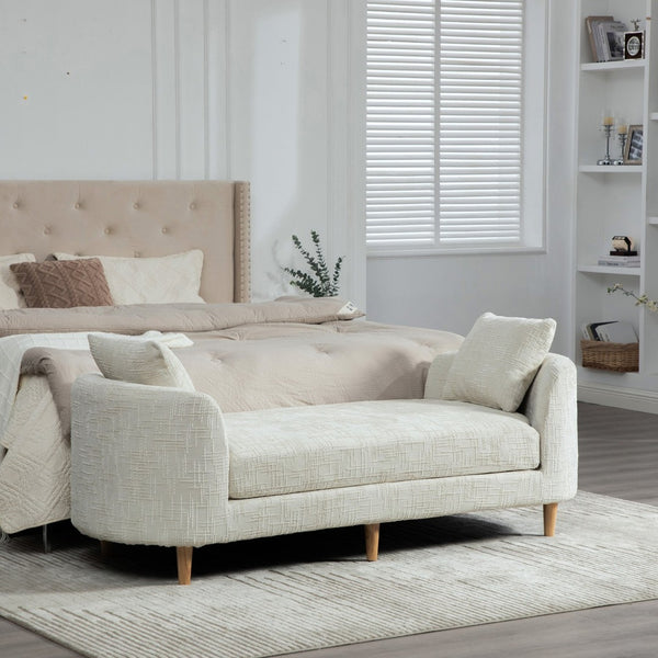 English Elm 77.17" Chenille Chaise Bench with Bolster Pillows Rubberwood Legs Bedroom Lounge W3189S00039