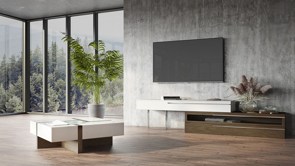 VIG Furniture Makai Square Coffee Table With White High-Gloss Top, Walnut Veneer Puzzle Inset & Soft-Closing Drawers (39" L) VGBBLE624E-WHTWAL