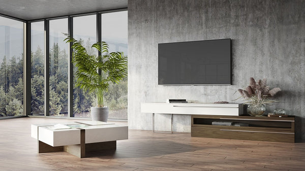 VIG Furniture Makai Square Coffee Table With White High-Gloss Top, Walnut Veneer Puzzle Inset & Soft-Closing Drawers (39" L) VGBBLE624E-WHTWAL