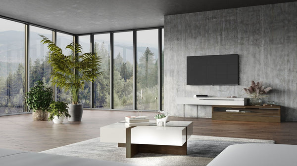 VIG Furniture Makai Square Coffee Table With White High-Gloss Top, Walnut Veneer Puzzle Inset & Soft-Closing Drawers (39" L) VGBBLE624E-WHTWAL