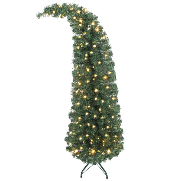 English Elm 5 Ft Slim Whimsical Bent Top Prelit Fir Tree with 100 Warm White Leds Metal Stand T3971P390053