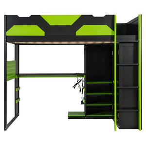 English Elm Full Size Loft Bed with Rgb Lighting Usb Charging Desk Wardrobe and Storage Shelves Green LT000387AAF