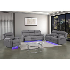 English Elm Blanche 3 Piece Reclining Sofa Set with Led Lighting Speakers and Glider Recliner Grey B201S00470