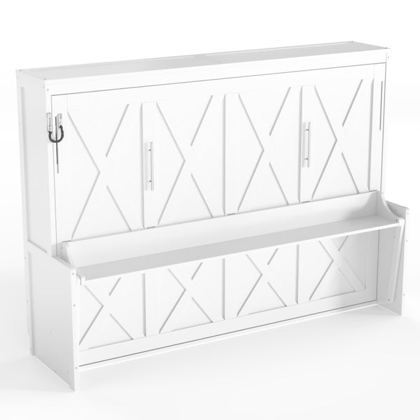 English Elm Queen Murphy Bed with Fold Down Desk Led Lighting and Usb Port for Home Office White W1580S00456