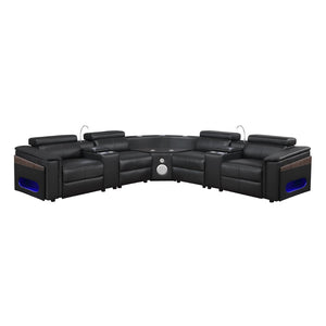 English Elm Nova Tech Sectional with Led Bar Bluetooth Speakers Power Recliners and Freezer Console Black B009S02165