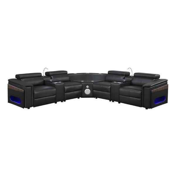 English Elm Nova Tech Sectional with Led Bar Bluetooth Speakers Power Recliners and Freezer Console Black B009S02165