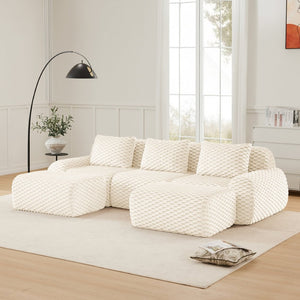 English Elm 114" U-shaped Modular Sectional Flannelette Sofa Oversized Lounge with Movable Ottoman Cream W714S01521