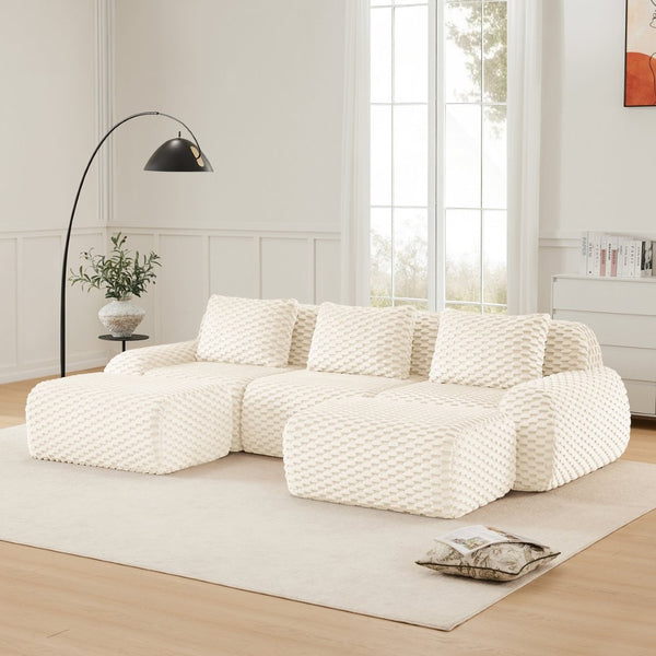 English Elm 114" U-shaped Modular Sectional Flannelette Sofa Oversized Lounge with Movable Ottoman Cream W714S01521