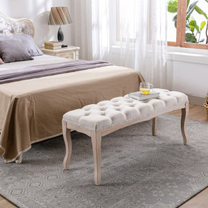 English Elm Bedroom Bench Tufted Linen Seat with Carved Distressed Wood Legs French Country Style Beige W3244P493647