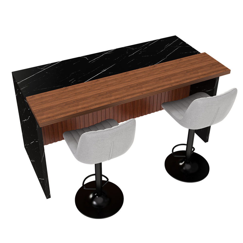 English Elm 63" Modern Kitchen Island Set With 2 Gray Bar Stools - Stylish Black Marble, Led Lighting, Durable Design W2699S00068