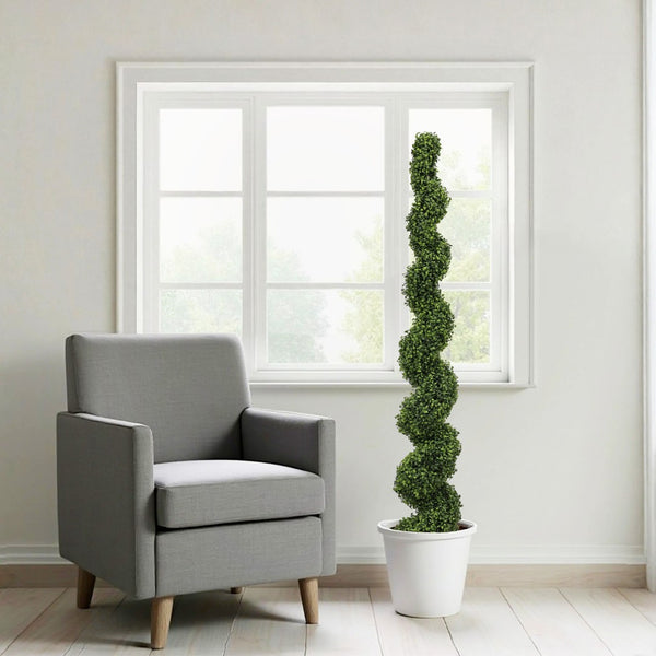 English Elm 6ft Faux Spiral Topiary Trees Uv Resistant Potted Boxwood Set for Porch or Patio W2945P379269