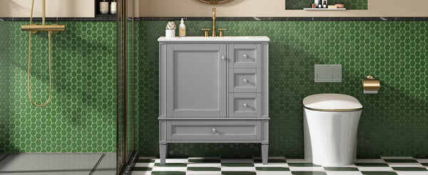 English Elm 30 30 Inch Bathroom Vanity with Ceramic Sink, Modern Compact 3-Drawer Storage Cabinet for Small Baths Grey N710P247499E