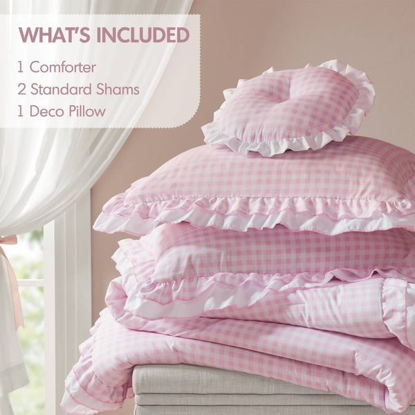 English Elm 4-piece Gingham Ruffle Comforter Set Romantic Cottage Bedroom Brushed Polyester Fill Pink B035P463188