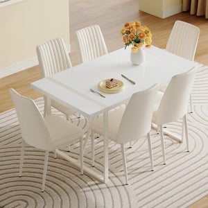 English Elm 55"X31.5"Cream-Style White Mdf Dining Table Set With 6 Armless Chairs.The Backrest Of The Dining Chair Is Designed With Multiple Vertical Stripes.Adding A Warm Atmosphere To Your Family.