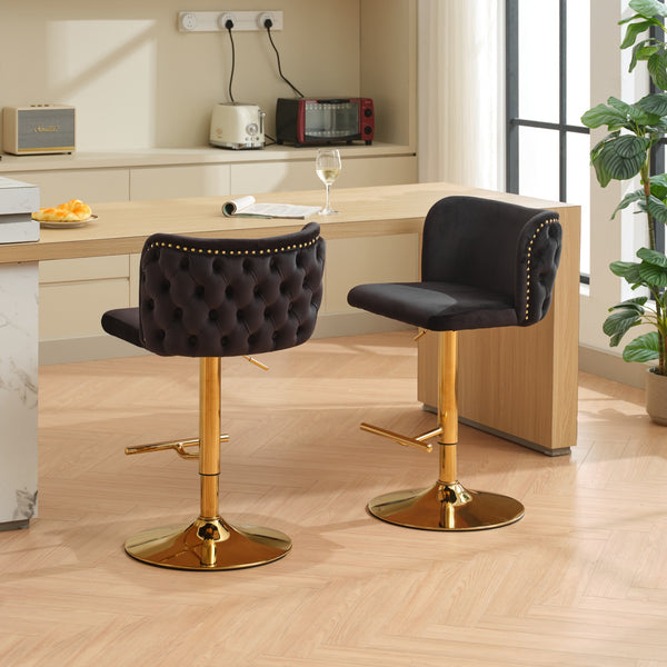English Elm A&A Velvet Tufted Swivel Barstool with Ergonomic Back and Gold-Plated 17.7" Base, Set of 2 Black W1143P204044