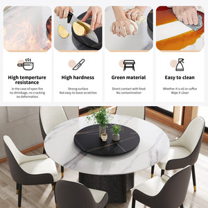 English Elm 59.05" Round Marble Dining Table With Black Oak Base & 31.5" Turntable For Elegant Gatherings W1535S00385