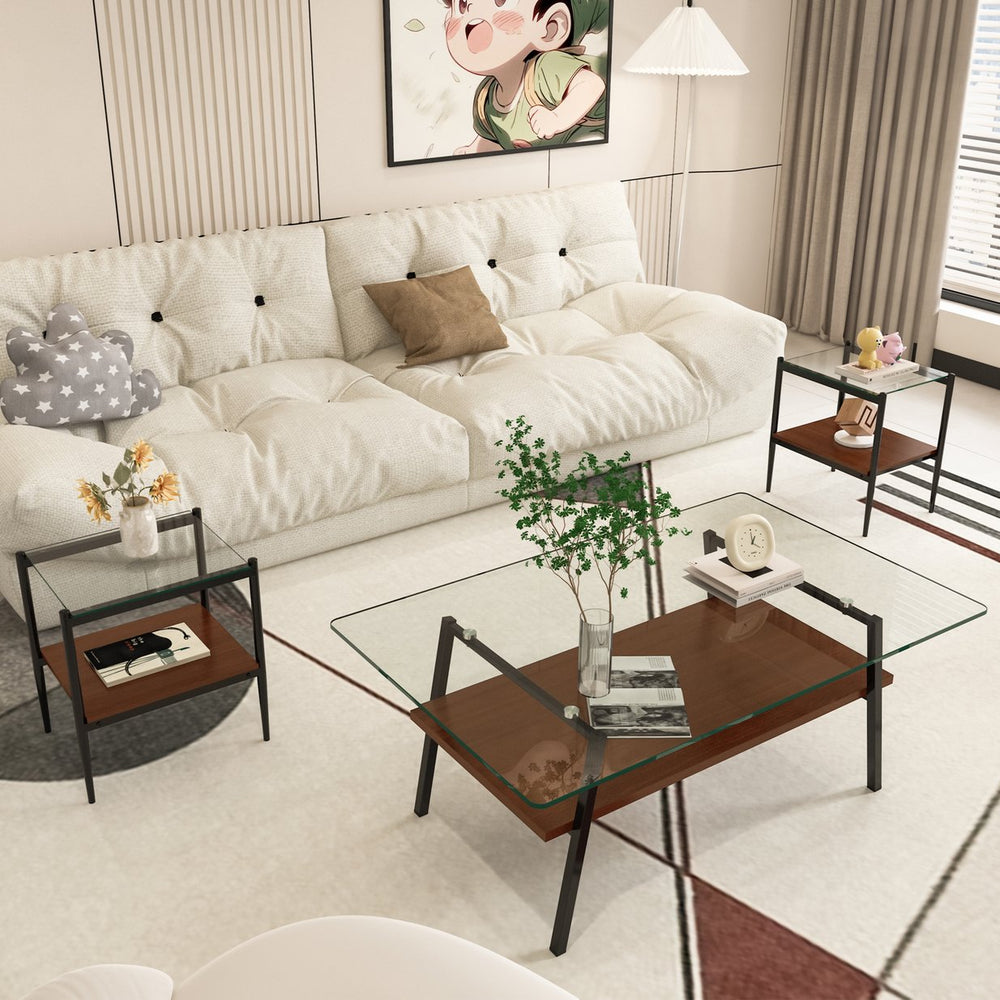 English Elm Coffee Table And End Tables Set Of 3 - Modern Tempered Glass With Mdf Shelf For Stylish Living Room W241S00053