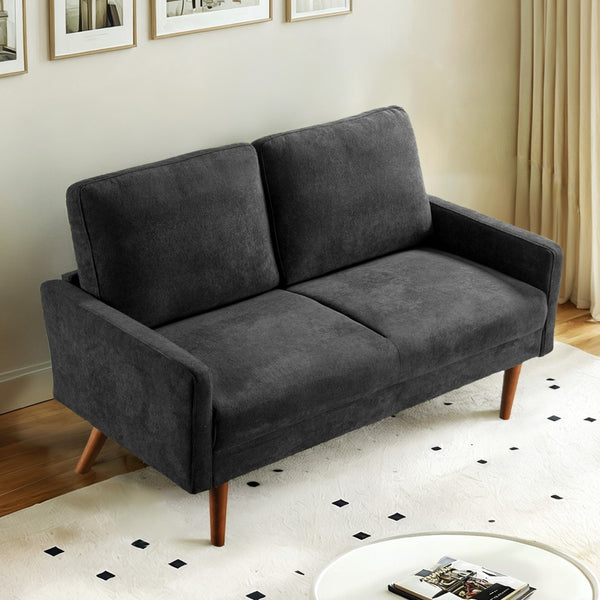 English Elm Velvet Upholstered Two Seat Loveseat with Tapered Wood Legs Mid Century European Style Black B2735P291958