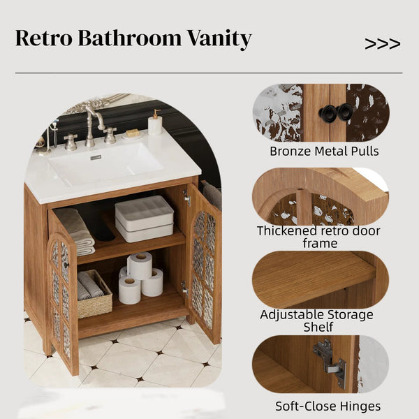 English Elm Christopher Knight Home® - 30 Inches Vintage Rustic Bathroom Vanity With Ceramic Sink, Soft-Closing Doors & Antique Bronze Pulls N817P299512N
