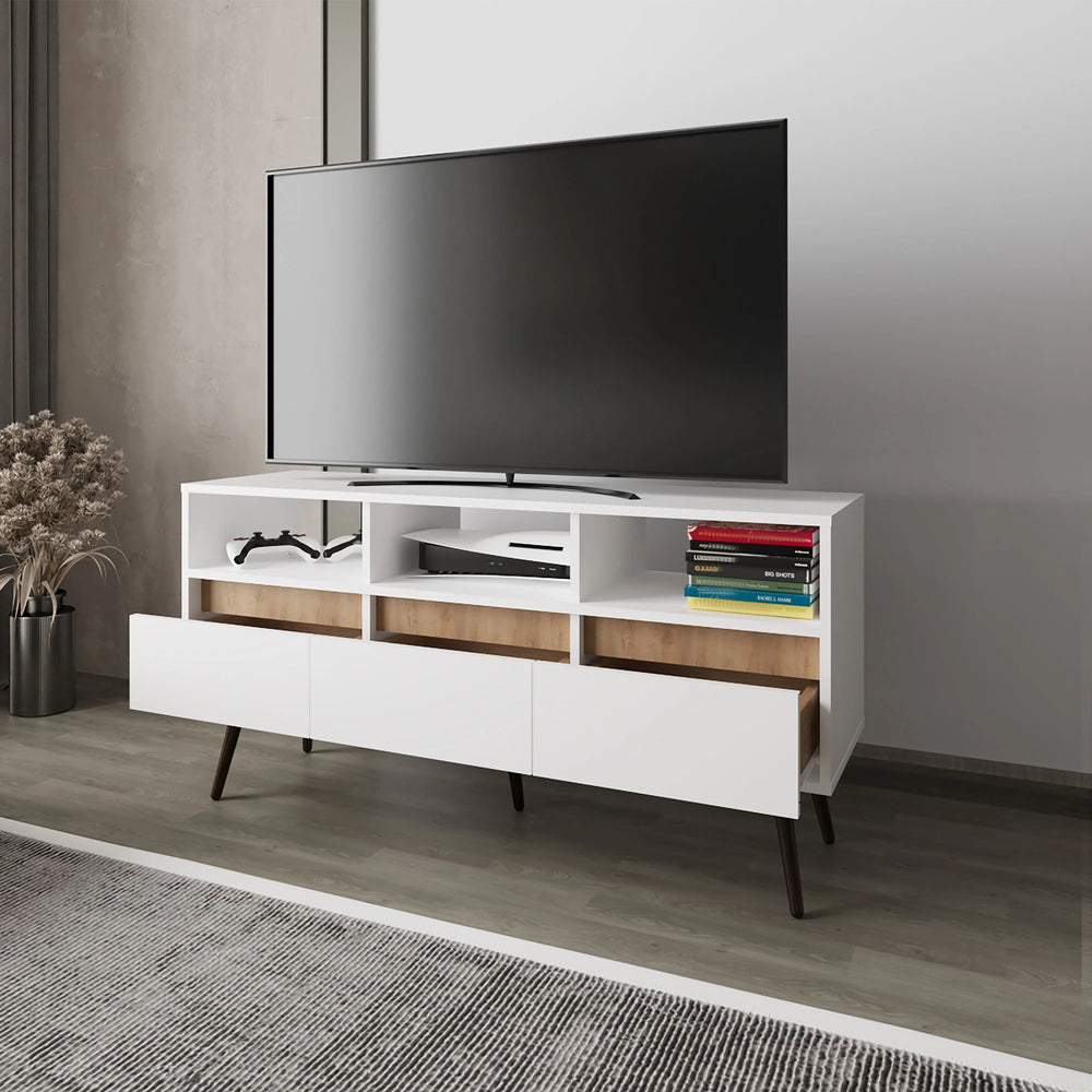 English Elm White White and Natural Oak TV Stand with 3 Drawers, 3 Shelves — Modern Rustic Entertainment Center for Organized Living Room Storage B062P290223
