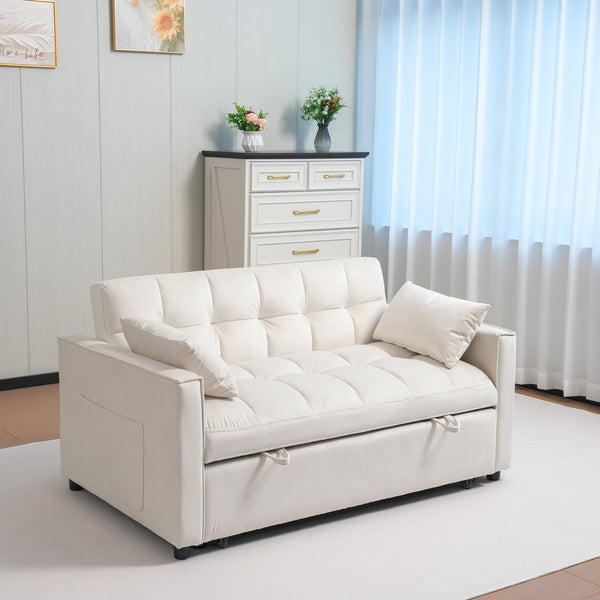 English Elm Sleeper 3-in-1 Velvet Pull-Out Sofa Bed with Adjustable Backrest, Storage Pockets, 2 Pillows, Cream W3138P281697