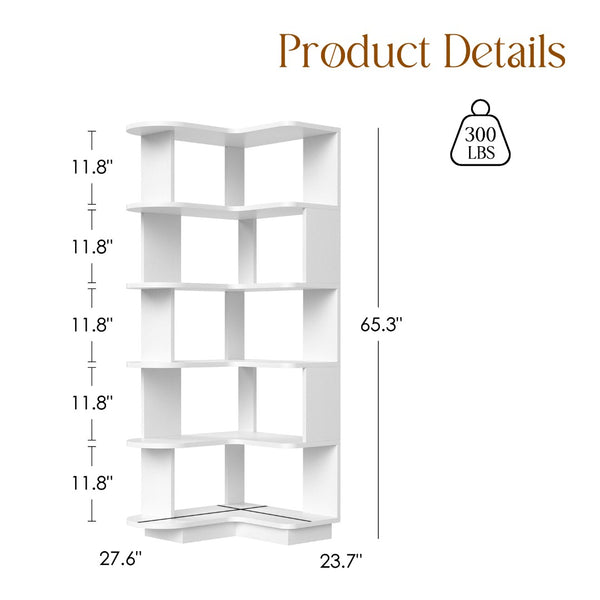 English Elm 5-tier Corner Bookcase L-shaped Freestanding Open Shelf Display for Home Office White T3623P436784