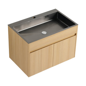 English Elm 28" Wall Mounted Bathroom Vanity with Gun-Gray Stainless Sink, Soft-Close Doors, Plywood, Oak Finish, KD W999P376889