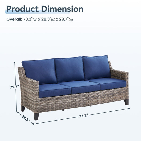 English Elm 73.2" Outdoor Handwoven Rattan 3 Seat Sofa with Olefin Cushions for Porch or Patio Blue T3773P416338