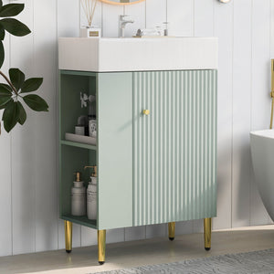 English Elm 21.6" Green Bathroom Vanity with Ceramic Sink, Left Side Storage, Gold Legs, Soft-Close, Modern Finish SV000007AAF