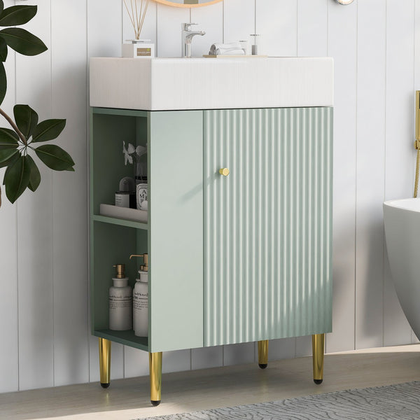 English Elm 21.6" Green Bathroom Vanity with Ceramic Sink, Left Side Storage, Gold Legs, Soft-Close, Modern Finish SV000007AAF