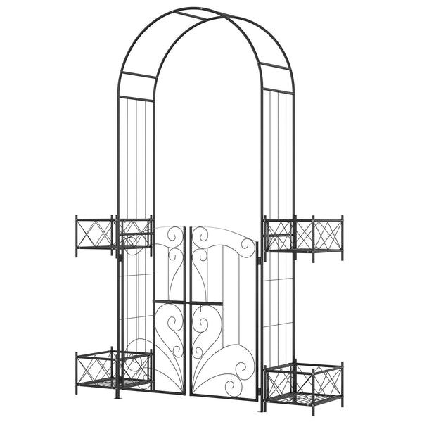 English Elm Outsunny 7' Garden Arch Arbor with Double Gate, Planters & Scrollwork Trellis for Vines, Black W2225P200806