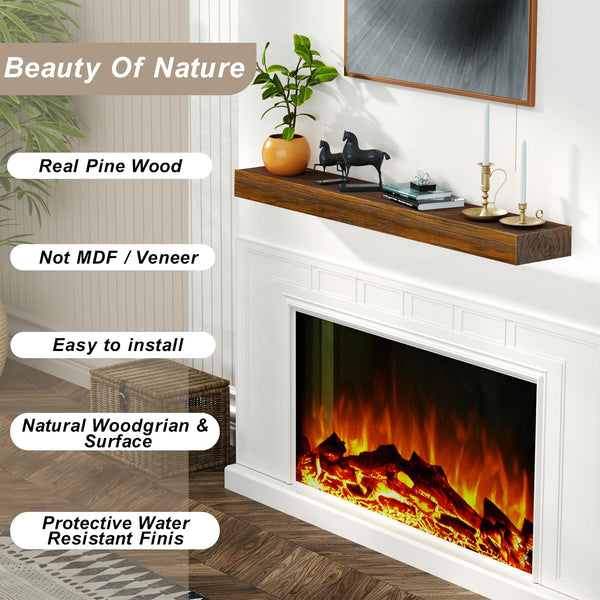 English Elm Fireplace Mantel - Handcrafted Solid Wood Floating Shelf, Dark Chocolate Finish For Stylish Display T3210P391502