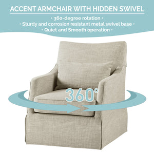 JLA Home Martha Stewart - London Upholstered Skirted Swivel Armchair by Martha Stewart — Linen-Look Fabric, 360° Quiet Rotation, Plush Lumbar Support Beige Multi MT103-1199
