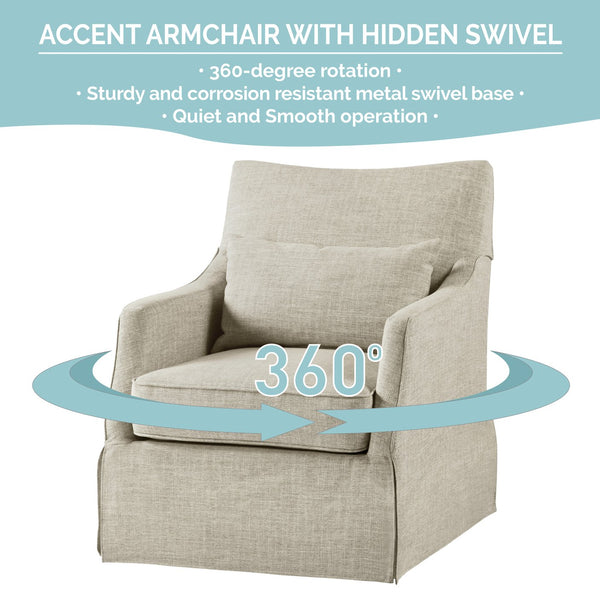 JLA Home Martha Stewart - London Upholstered Skirted Swivel Armchair by Martha Stewart — Linen-Look Fabric, 360° Quiet Rotation, Plush Lumbar Support Beige Multi MT103-1199